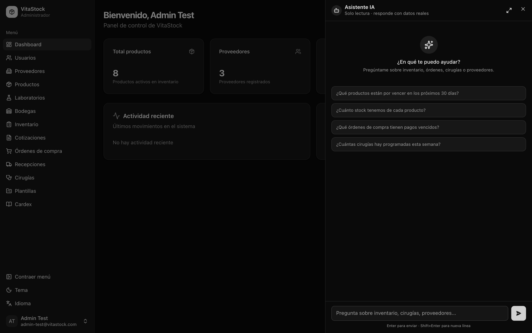 Asistente con IA respondiendo preguntas sobre inventario, órdenes y cirugías