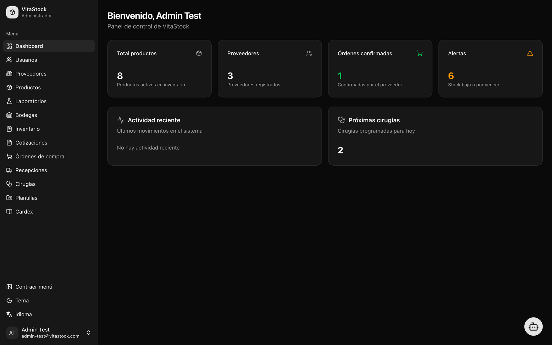 Panel de control de VitaStock con productos, proveedores, órdenes confirmadas y alertas