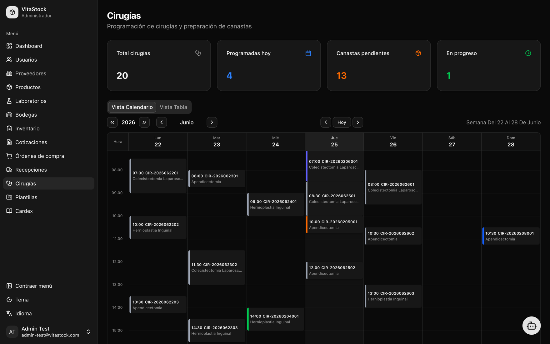 Calendario de cirugías con canastas pendientes y procedimientos programados